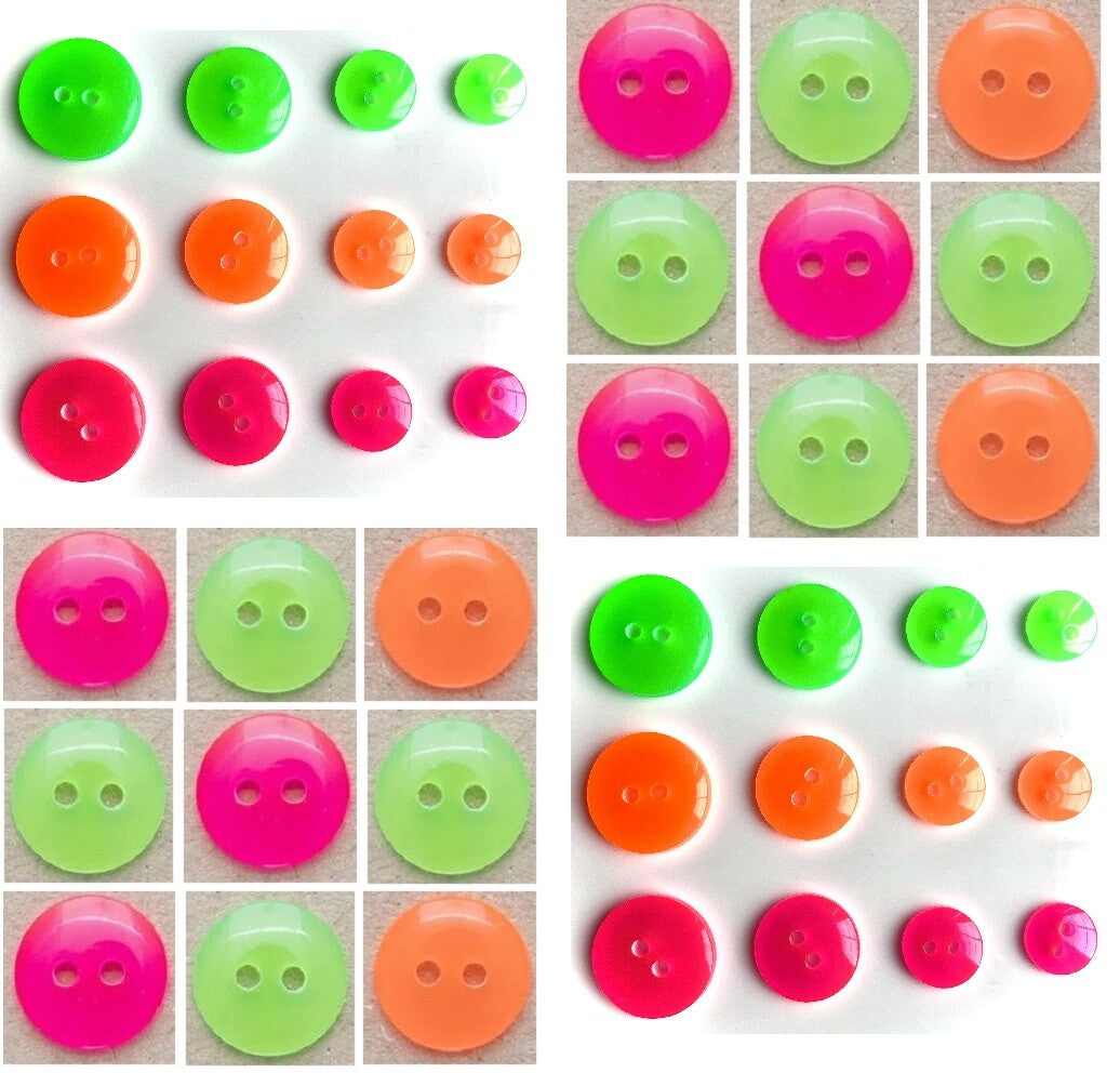 Bright Neon Round Buttons - 3 Colours - 4 Sizes 10mm, 12mm, 15mm, 18mm - 2 Hole