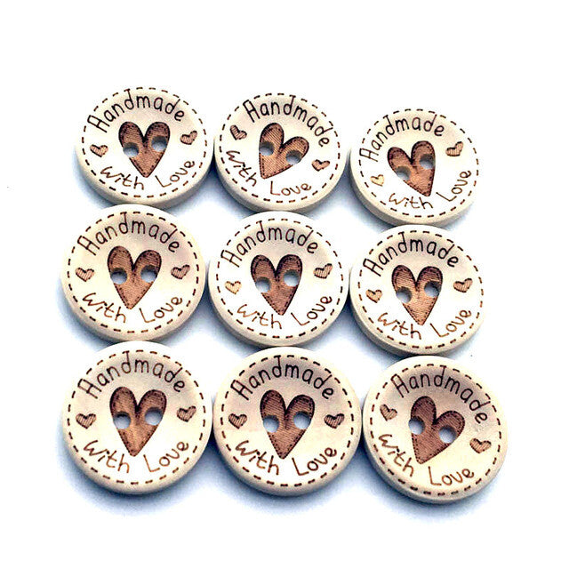 Handmade With Love Natural Wooden Round Heart Buttons - 2 Holes 15mm 20mm 25mm
