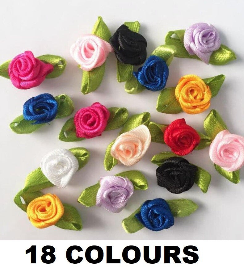 Mini Satin Ribbon Rose Buds Flowers Green Leaf Leaves Craft Wedding Confetti
