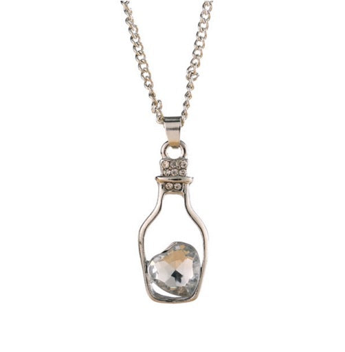 Cute Love Heart in a Bottle Message Pendant Austrian Crystal Necklace Kawaii - White
