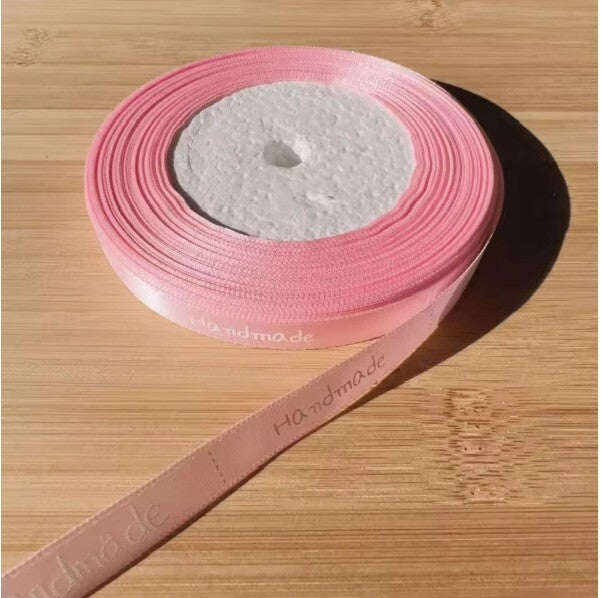20 Meter Roll " Handmade" Print Satin Ribbon Full Whole Roll Sew On Label - Pink