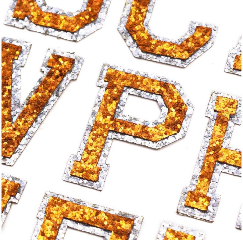 Orange & Silver Glitter Varsity Letter Patch Iron or Sew on Alphabet Patches