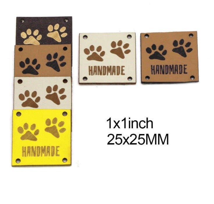 Faux Leather Labels Hand Made Paw Print Clothing Tag Label Tags 25x25mm