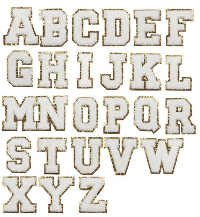 3D Coloured & Gold Chenille Patch Letter Patches Iron on Alphabet 8cm / 80mm - White