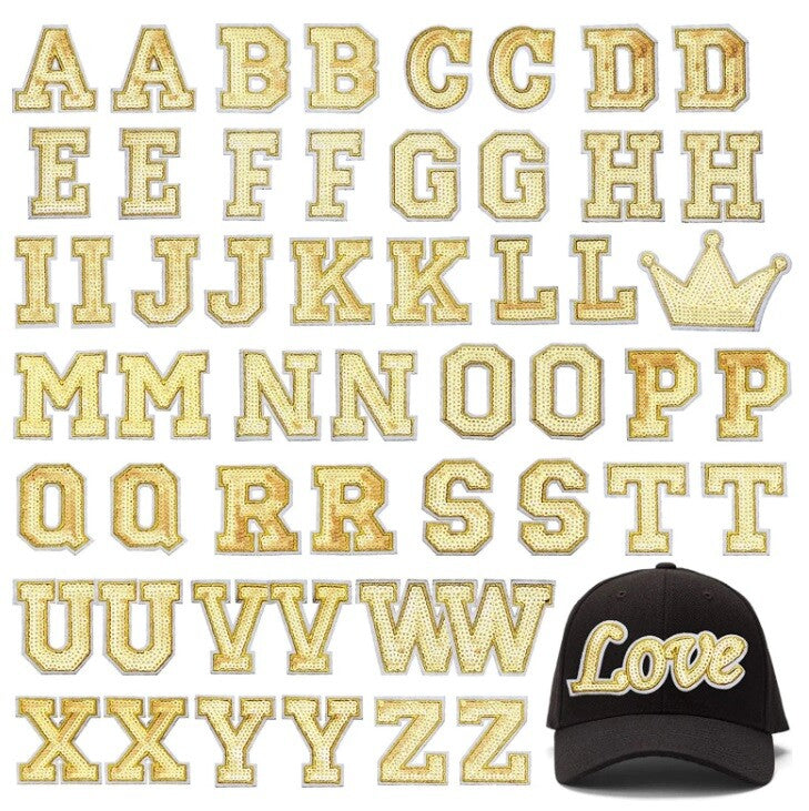 Gold Sequins Varsity Letter Patch Iron or Sew on Alphabet Customise Clothing 5cm