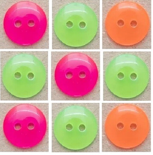 Bright Neon Round Buttons - 3 Colours - 4 Sizes 10mm, 12mm, 15mm, 18mm - 2 Hole