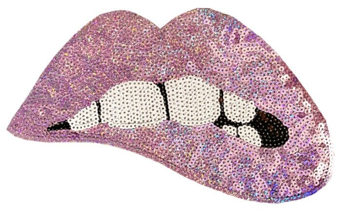 Large Rose Gold Silver Pink Lips Mouth Pop Art Lip Sequin Iron on Sew on Patch - Ab Pink - Iron On