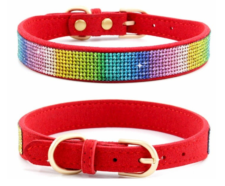 Suede Rhinestone Dog Collar Diamante Puppy Yorkie Teacup Chihuahua & Upwards - Red Coloured Rhinestones