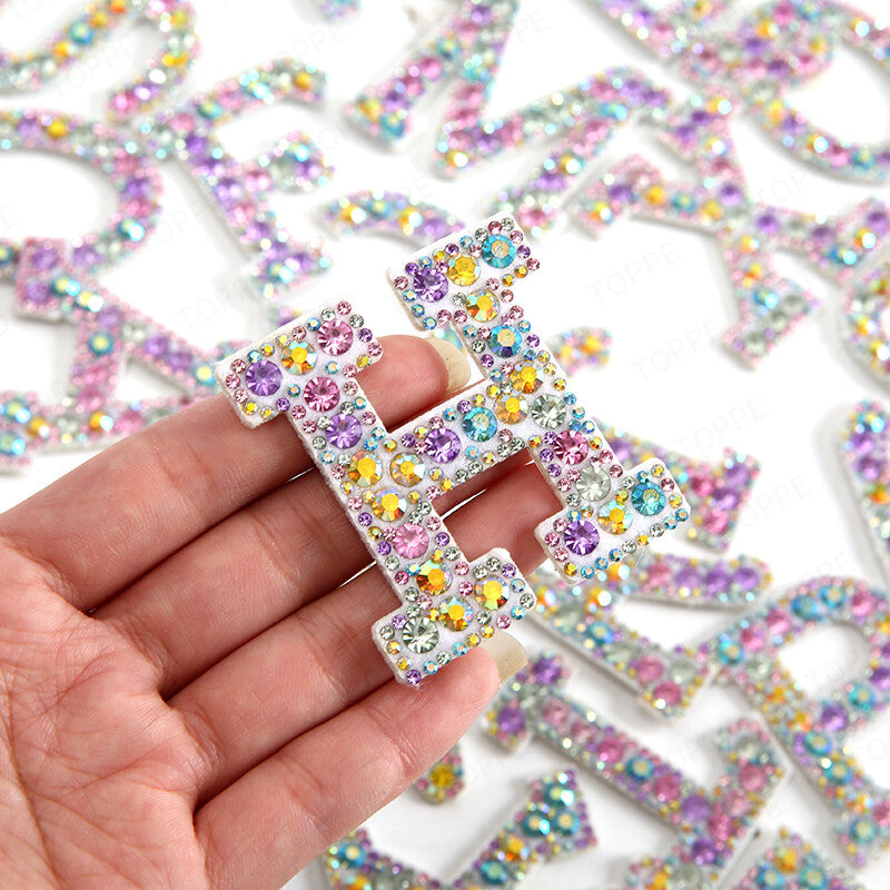 Multicoloured Crystal Rhinestone Letter Patch Patches Iron on Sew on Alphabet