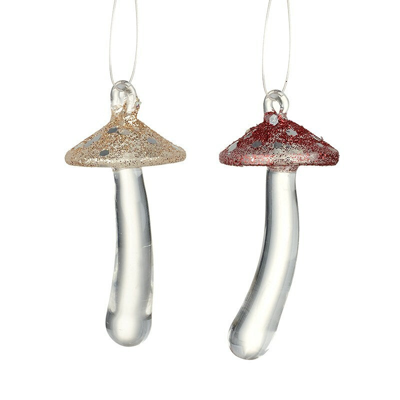 Glass Handcrafted Baubles Premium Traditional Christmas Tree Decoration - 1 Gold & 1 Red Glass Mushroom