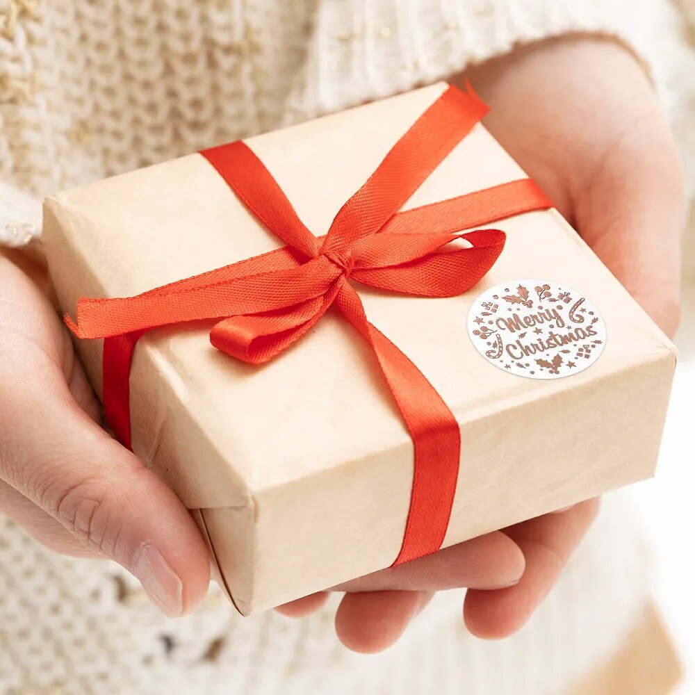 Merry Christmas Happy Xmas White & Rose Gold Labels Stickers Gift Sticker 2.5cm