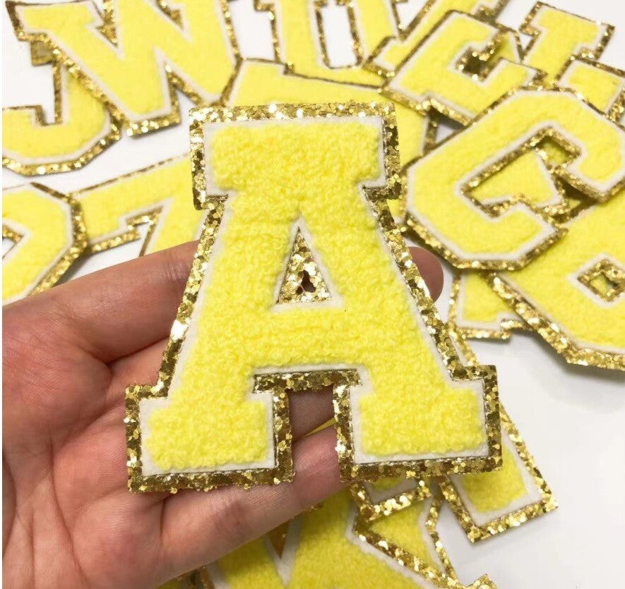 8cm Large 3D Yellow & Gold Chenille Patch Letter Patches Iron or Sew on Alphabet