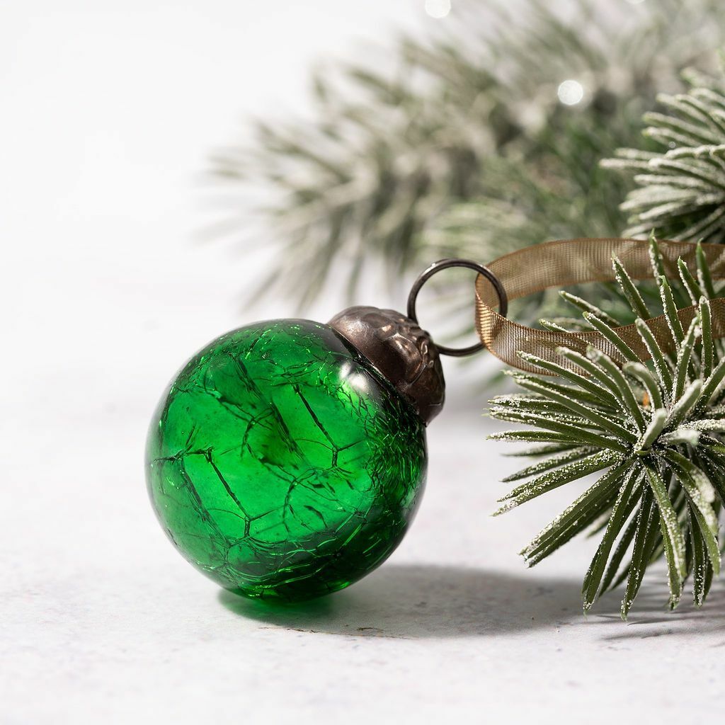 6 Pack Small Glass Handcrafted Baubles Premium Traditional Christmas Tree Craft - Set of 6 Small Emerald Crackle Balls