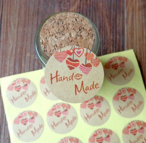 Round Paper Labels Hand Made Heart Gift Food Kraft Paper Craft Sticker 3.5cm