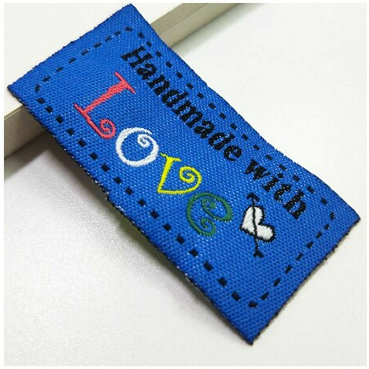 Fabric Labels 'Hand Made With Love' Sew On Garment Clothing Label Tags 50x25mm - Blue