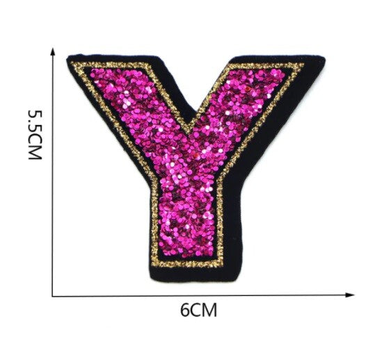 Large Pink Sequins Glitter Letter Patch Iron on Sew on Alphabet Customise 5.5cm - Y