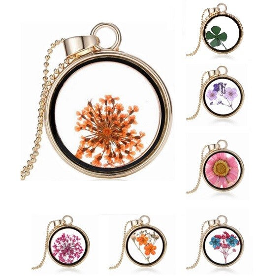 Dried Flower Round Locket Pendant Gold Plated Glass Charm Chain Necklace Botanic