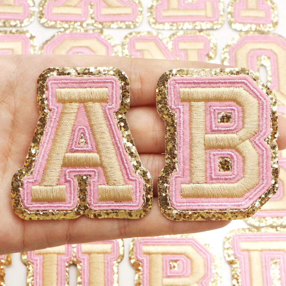 3D Gold & Coloured Patch Embroidered Letter Patches Iron on Alphabet 6cm - Peach & Pink with gold outline