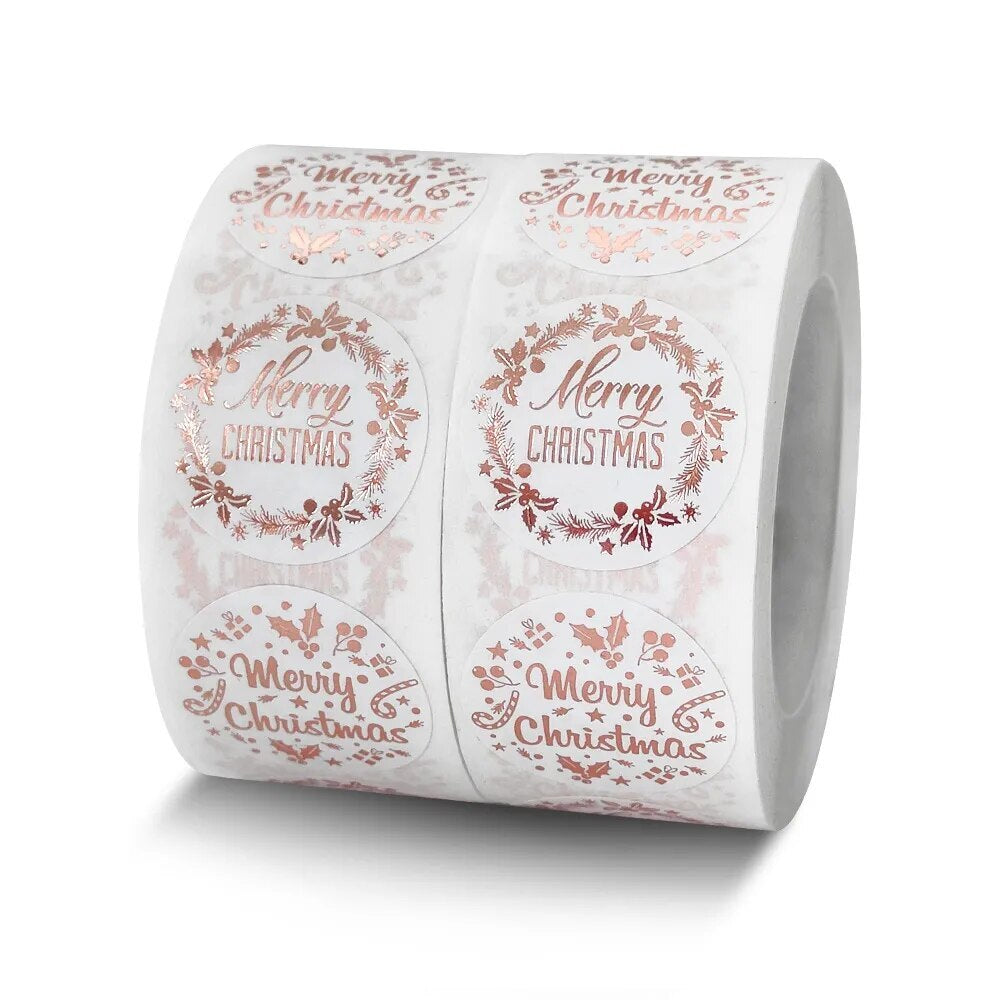 Merry Christmas Happy Xmas White & Rose Gold Labels Stickers Gift Sticker 2.5cm