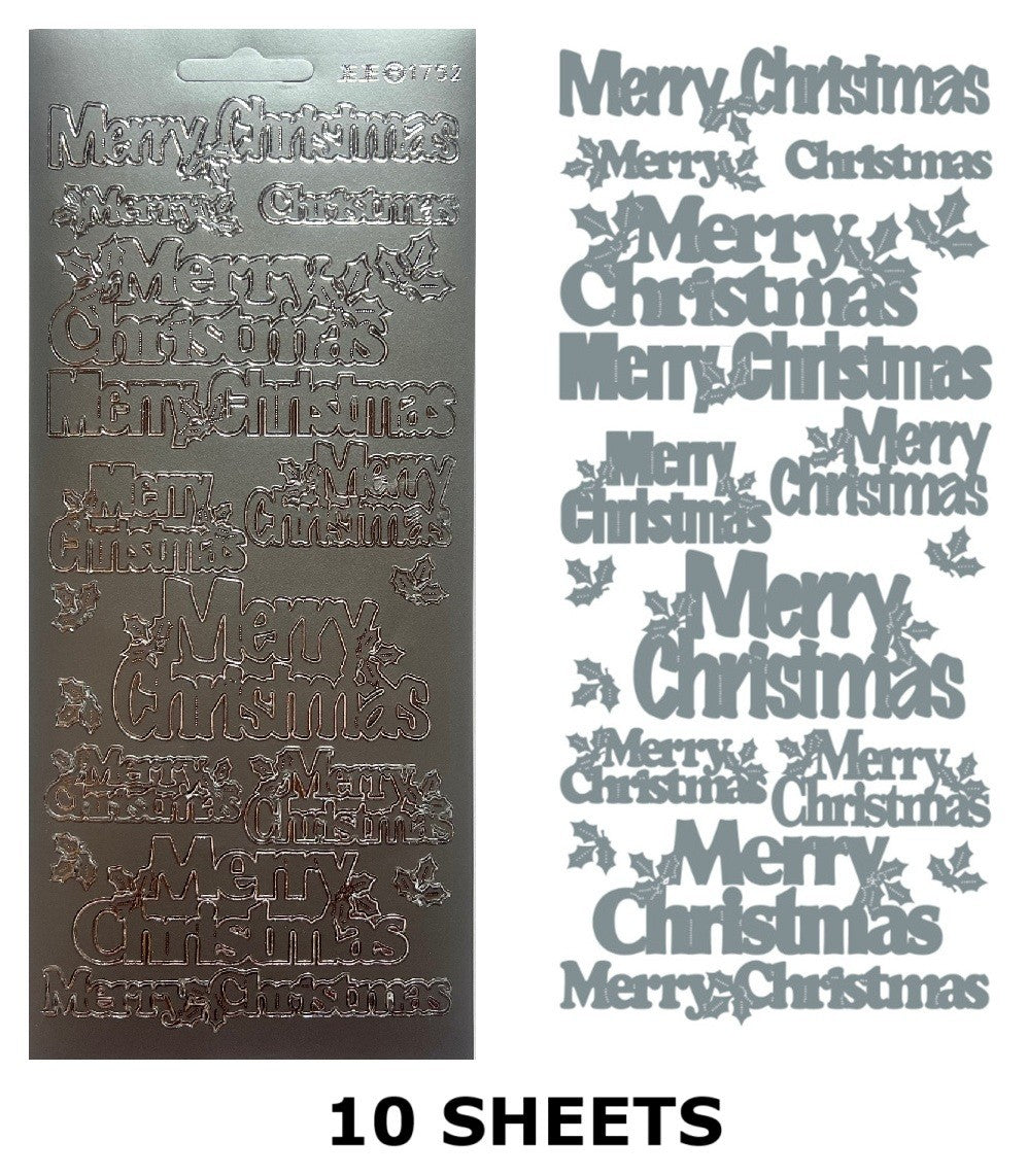 10 Sheets - Silver Merry Christmas & Holly Peel Off Sticker Card Craft Stickers