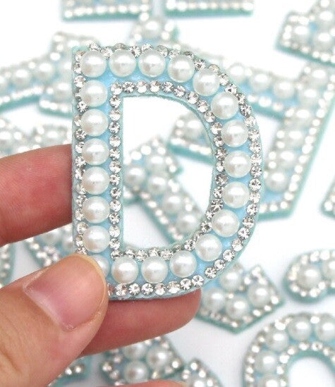 Blue & Pearl Rhinestone Letter Patch Patches Glue on Sew on Alphabet Crystal
