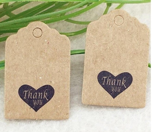 Craft Paper Tags 'Thank You' Love Heart Gift Food Wedding Price Gift Tag 3x2cm - Black Heart On Brown Tag