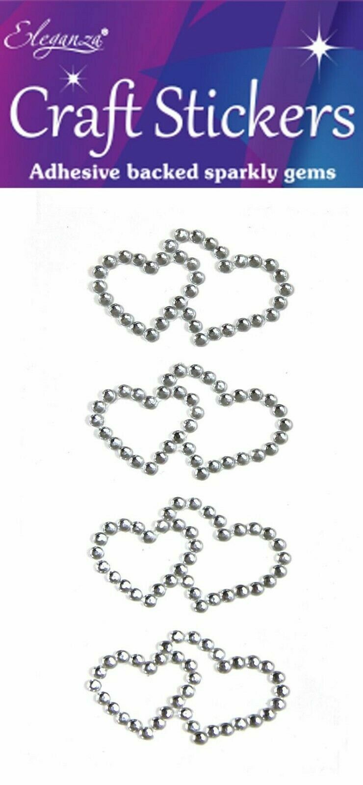 Self Adhesive Diamante Open Hearts Double Heart Stickers Gold Silver Red Blue - Silver Double Hearts Design 1