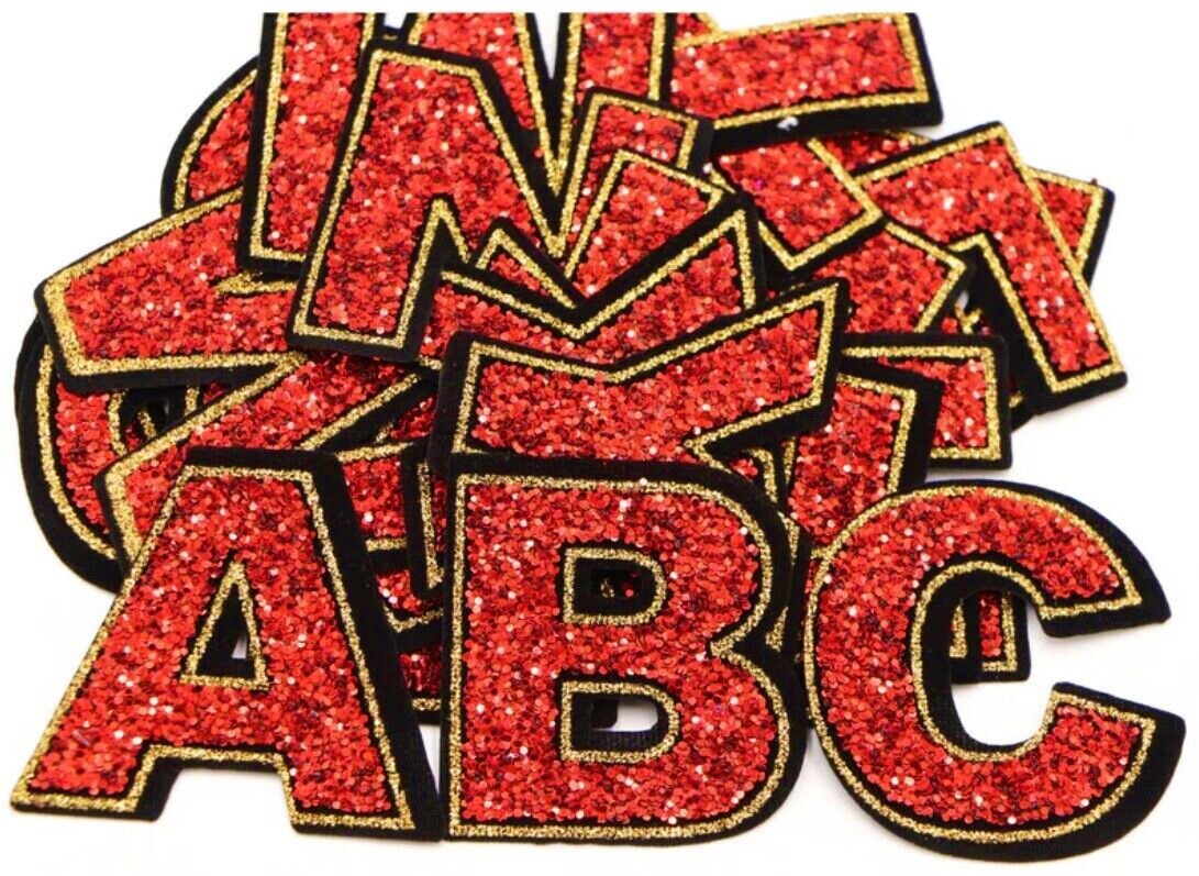 Large Red Sequins Glitter Letter Patch Iron on Sew on Alphabet Customise Clothes