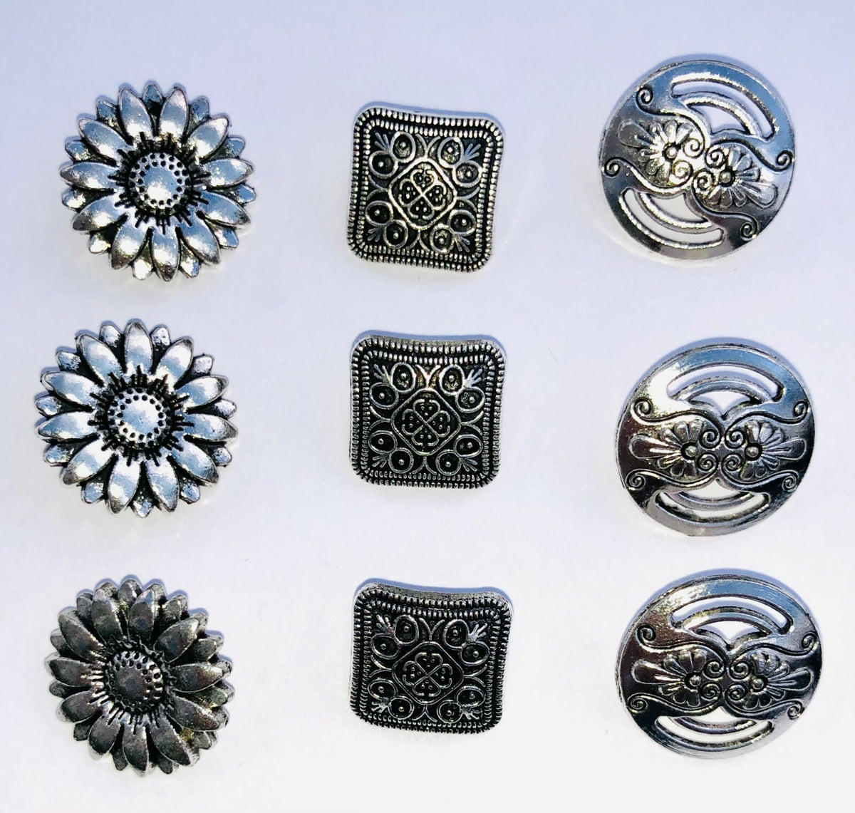 Antique Silver Metal Buttons Flower Square Round Side Shank - Round