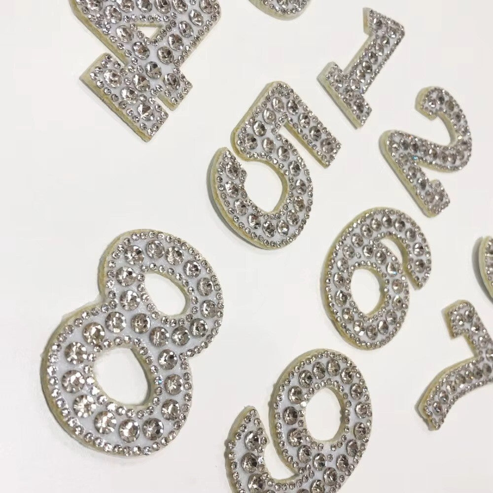 5.5cm Tall Number Patch White & Silver Rhinestone Alphabet Numbers Patches