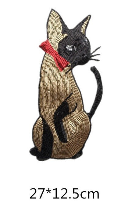Large Sew or Iron On Sequins Applique Siamese Cat Patch Sparkly Customise Craft - Gold Cat Large