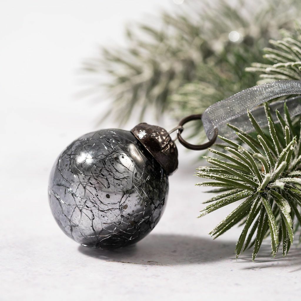 6 Pack Small Glass Handcrafted Baubles Premium Traditional Christmas Tree Craft - Set of 6 Small Slate Crackle Glass balls