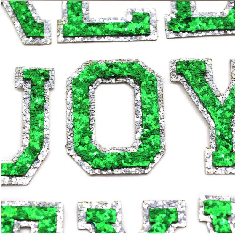 Green & Silver Glitter Varsity Letter Patch Iron or Sew on Alphabet Patches