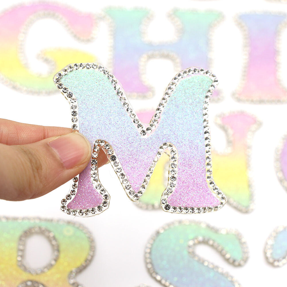 3D Rhinestone Pastel Rainbow Glitter Letter Patch Iron on Alphabet Patches 5cm