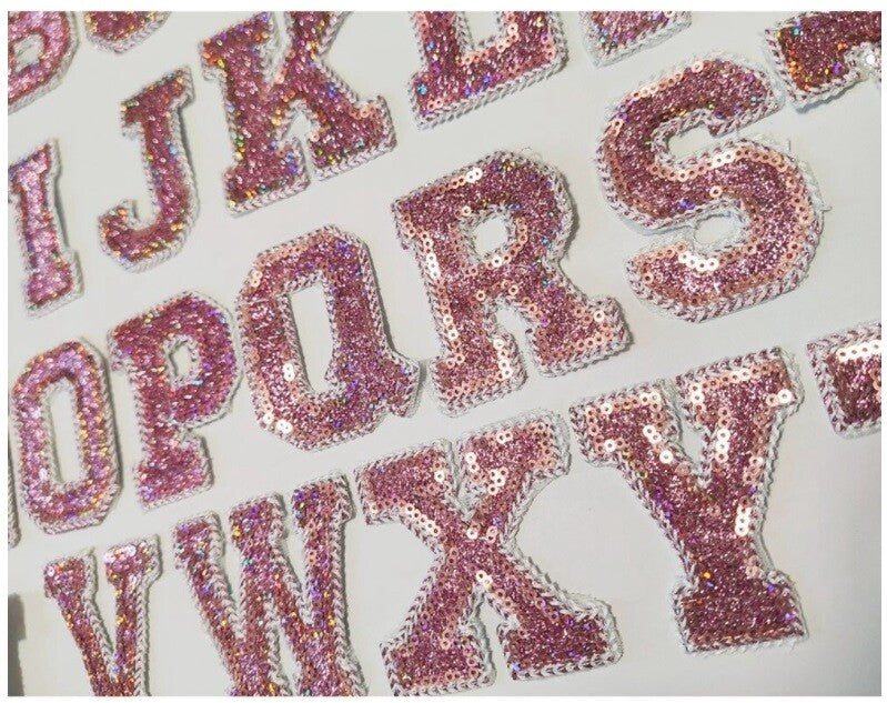 Sequins Letter Patch Patches Glue Sew on Alphabet Pink Black Silver Gold Sparkle - Pink