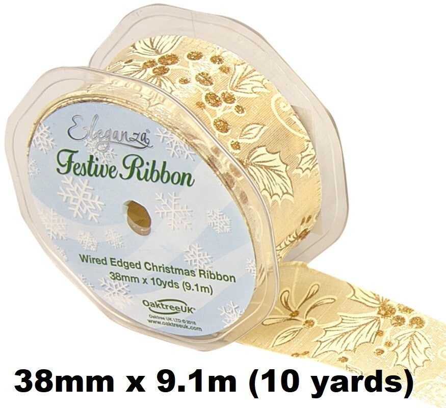 Eleganza Festive Christmas Ribbon Roll Craft Wreath Bows Gifts Tree Decoration - Holly/Mistletoe Wire Edge Ivory/Gold