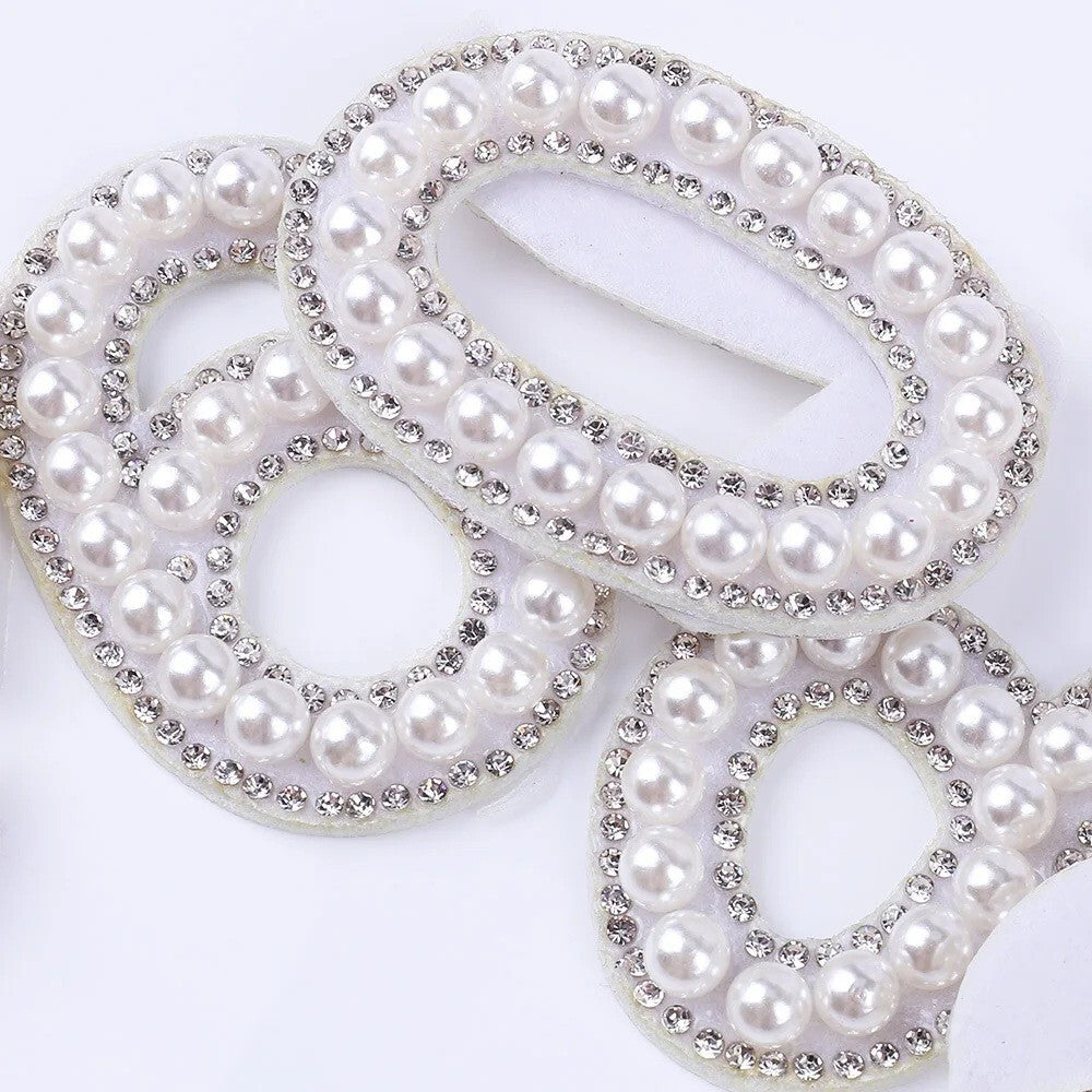 5cm Tall Pearl Number Patch White & Silver Rhinestone Alphabet Numbers Patches