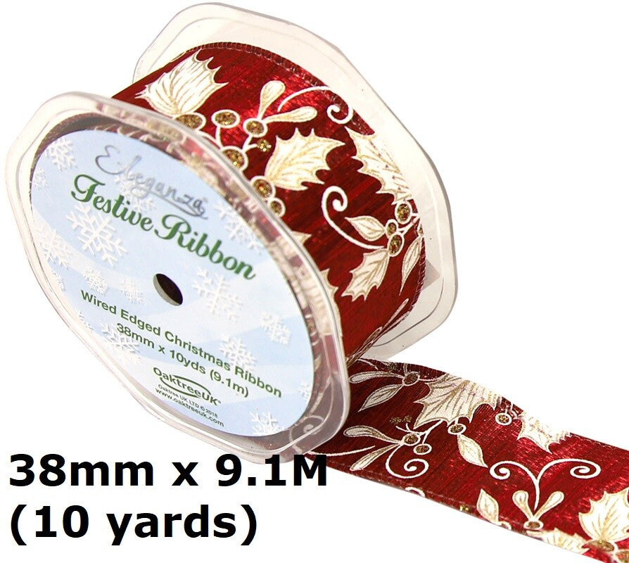 Eleganza Festive Christmas Ribbon Roll Craft Wreath Bows Gifts Tree Decoration - Holly/Mistletoe Wired Edge Burgundy/Gold