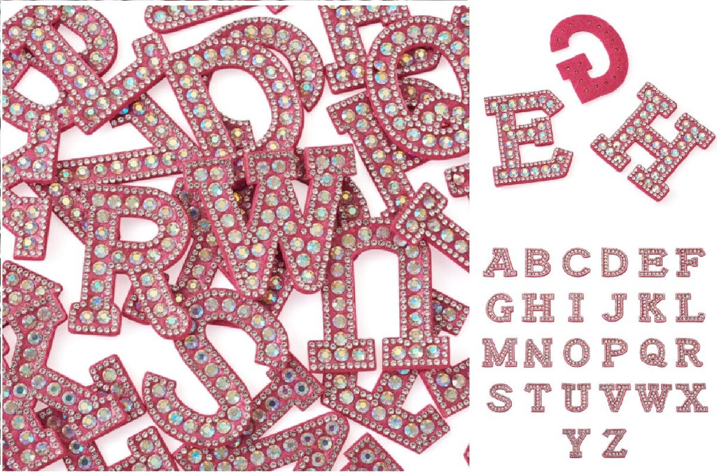 Hot Pink Fuchsia AB Rhinestone Letter Patch Patches Glue Sew on Alphabet Crystal