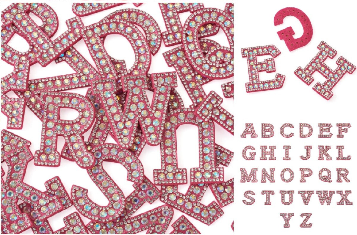 Hot Pink Fuchsia AB Rhinestone Letter Patch Patches Glue Sew on Alphabet Crystal