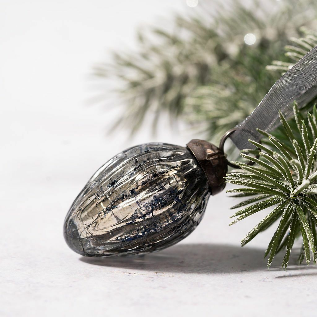 6 Pack Small Glass Handcrafted Baubles Premium Traditional Christmas Tree Craft - Set of 6 Small Slate Crackle Glass Pinecones