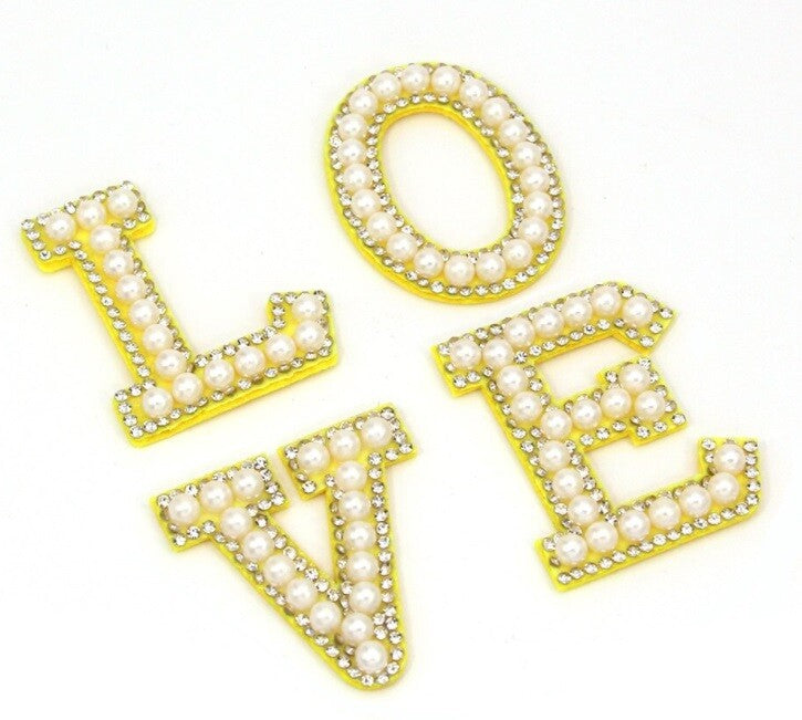 3D Yellow & Pearl Rhinestone Letter Patch Patches Glue / Sew on Alphabet Crystal