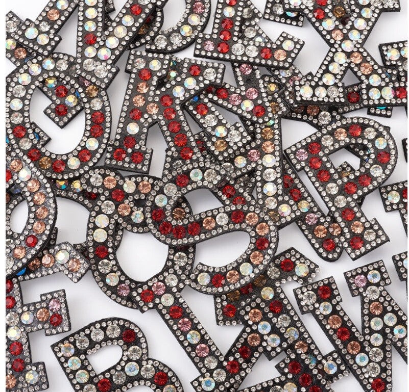 Red Pink Multi Rhinestone Letter Patch Patches Iron on Sew on Alphabet Crystal