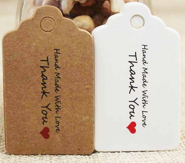 100 x Hand Made With Love Thank You Tag Labels Stickers Craft Tags With String