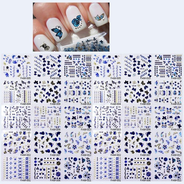 1 Sheet of 3D Nail Art Lace Stickers Decals Transfers Flowers Black White - Blues