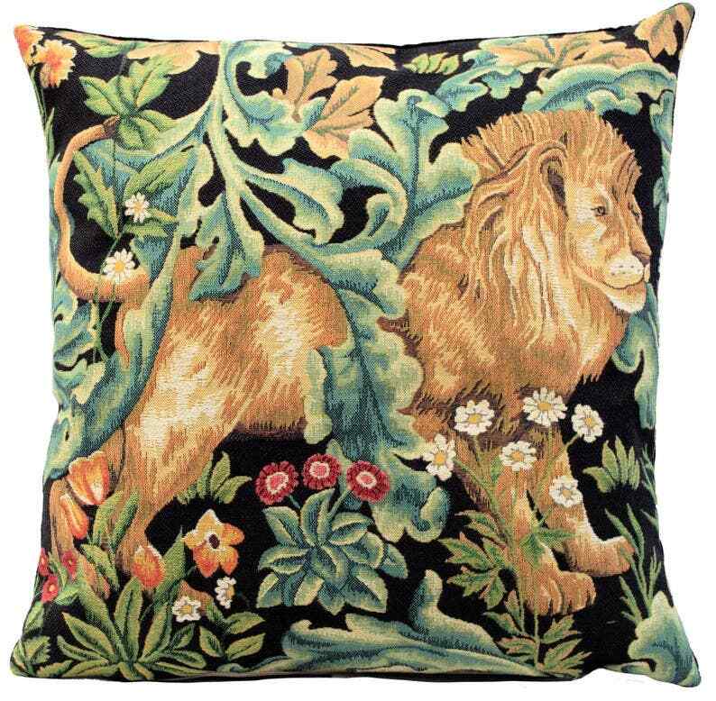 WILLIAM MORRIS BELGIAN TAPESTRY CUSHION COVERS ORANGE TREE PIMPERNEL STRAWBERRY - Black Forest Lion - 45x45cm