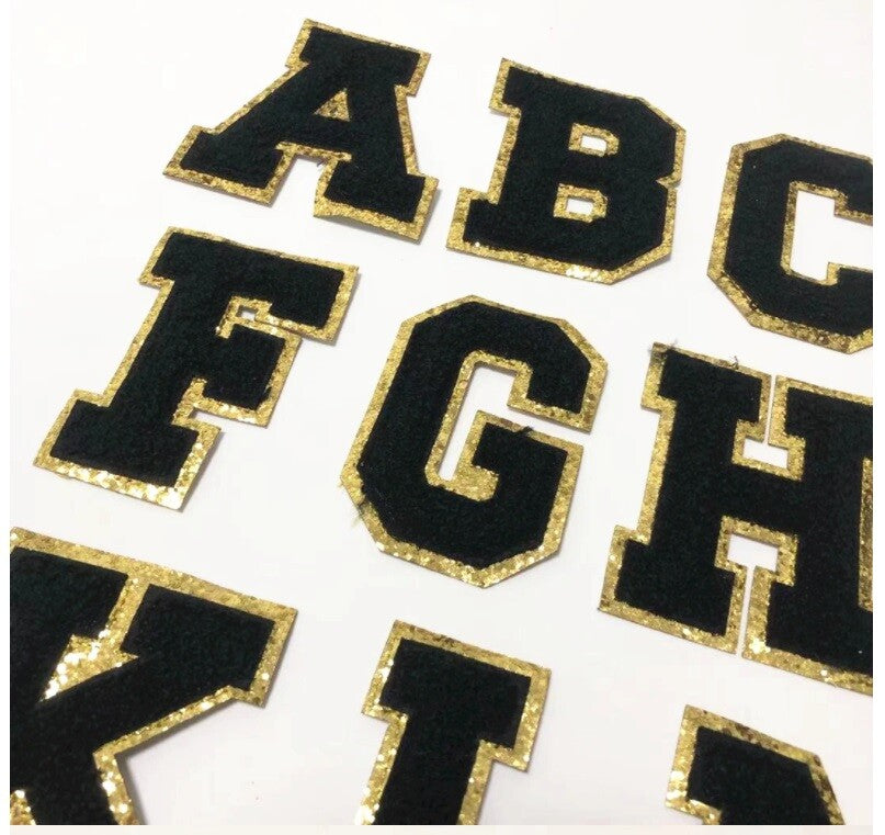 8cm Large 3D Black & Gold Chenille Patch Letter Patches Iron Sew on Alphabet