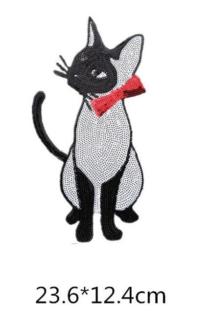 Large Sew or Iron On Sequins Applique Siamese Cat Patch Sparkly Customise Craft - White Cat Small