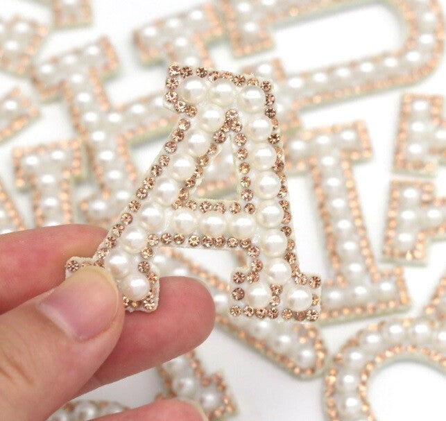 Pearl & Rose Gold Rhinestone Letter Patch Patches Glue / Sew on Alphabet Crystal