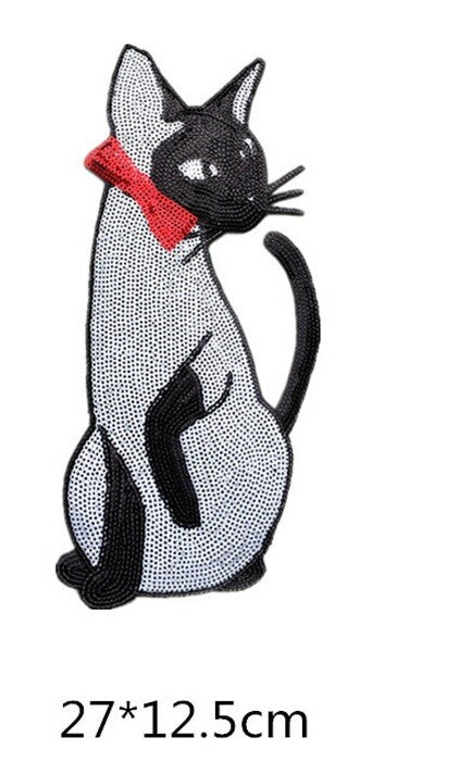 Large Sew or Iron On Sequins Applique Siamese Cat Patch Sparkly Customise Craft - White Cat Large